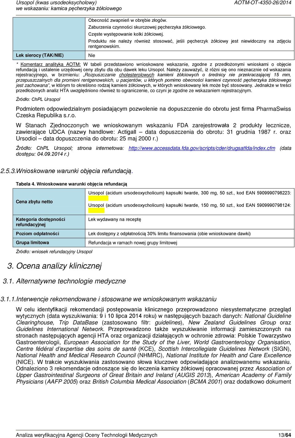 Nie * Komentarz analityka AOTM: W tabeli przedstawiono wnioskowane wskazanie, zgodne z przedłożonymi wnioskami o objęcie refundacją i ustalenie urzędowej ceny zbytu dla obu dawek leku Ursopol.