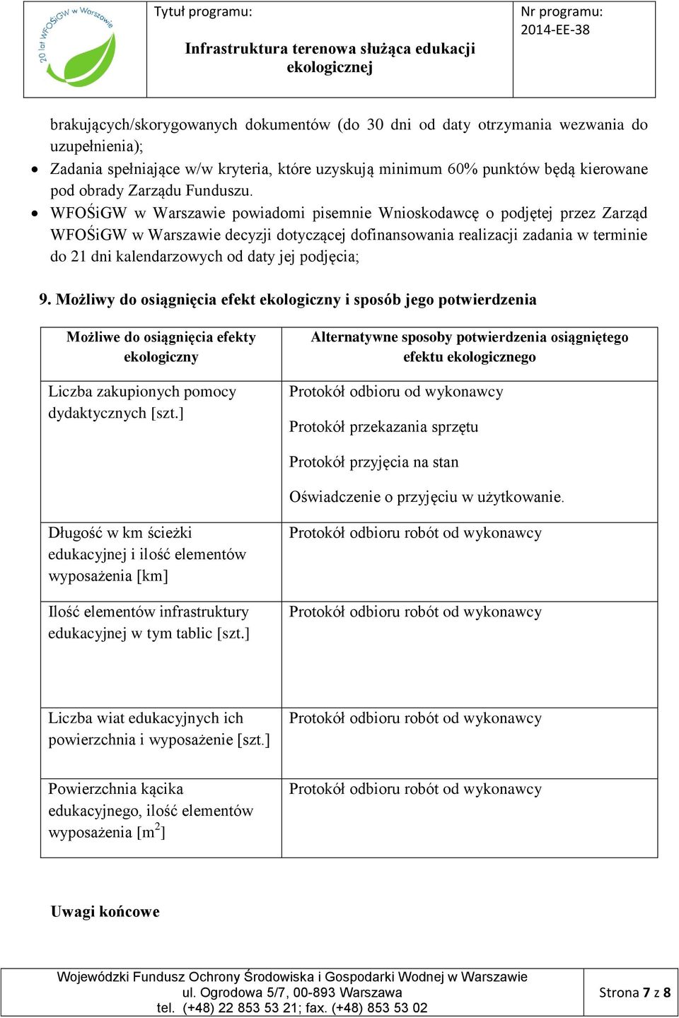 WFOŚiGW w Warszawie powiadomi pisemnie Wnioskodawcę o podjętej przez Zarząd WFOŚiGW w Warszawie decyzji dotyczącej dofinansowania realizacji zadania w terminie do 21 dni kalendarzowych od daty jej