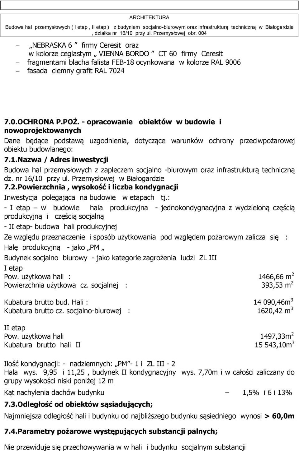 Nazwa / Adres inwestycji Budowa hal przemysłowych z zapleczem socjalno -biurowym oraz infrastrukturą techniczną dz. nr 16/10 przy ul. Przemysłowej w Białogardzie 7.2.