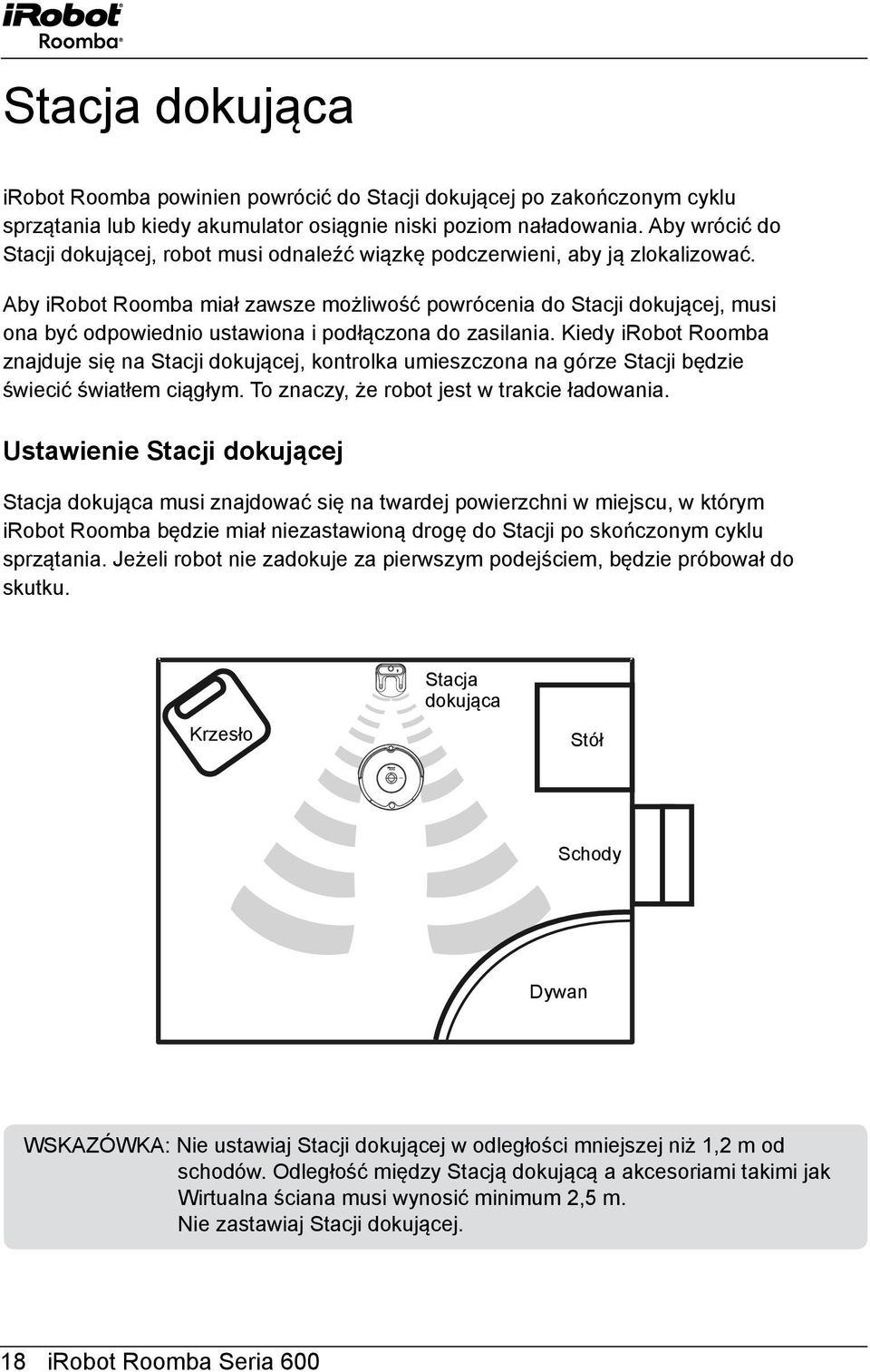 Aby irobot Roomba miał zawsze możliwość powrócenia do Stacji dokującej, musi ona być odpowiednio ustawiona i podłączona do zasilania.