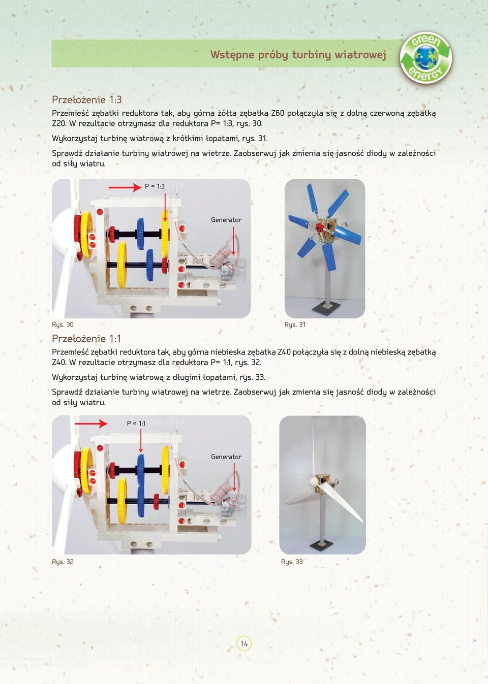 Zaobserwuj jak zmienia się jasność diody w zależności od siły wiatru. P = 1:3 Generator Rys. 30 Rys.