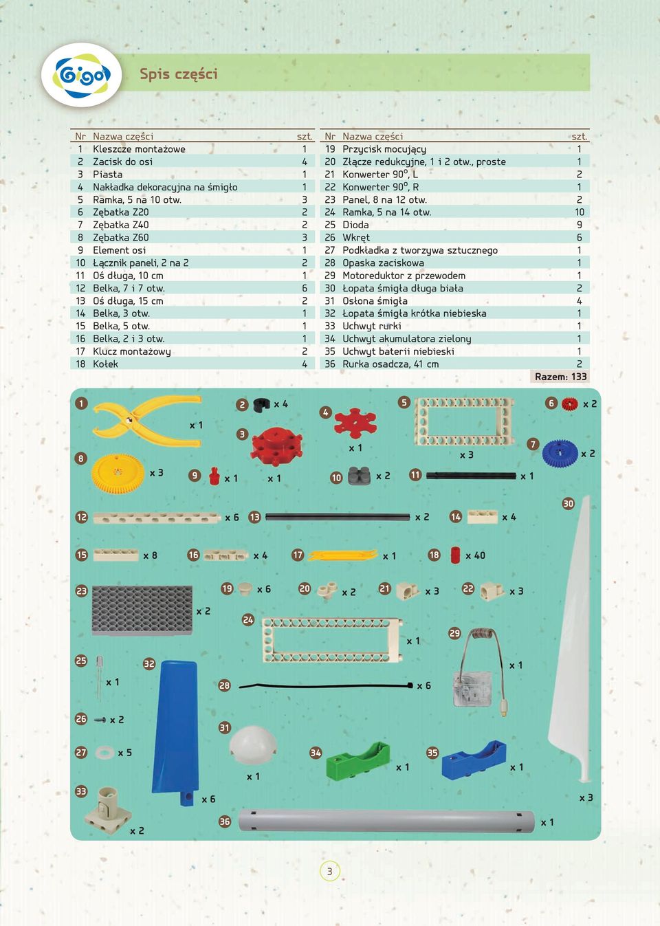 10 7 Zębatka Z40 2 25 Dioda 9 8 Zębatka Z60 3 26 Wkręt 6 9 Element osi 1 27 Podkładka z tworzywa sztucznego 1 10 Łącznik paneli, 2 na 2 2 28 Opaska zaciskowa 1 11 Oś długa, 10 cm 1 29 Motoreduktor z