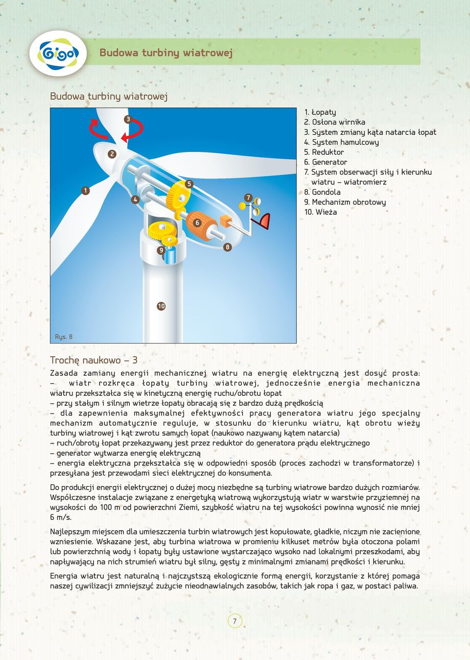 8 Trochę naukowo 3 Zasada zamiany energii mechanicznej wiatru na energię elektryczną jest dosyć prosta: wiatr rozkręca łopaty turbiny wiatrowej, jednocześnie energia mechaniczna wiatru przekształca