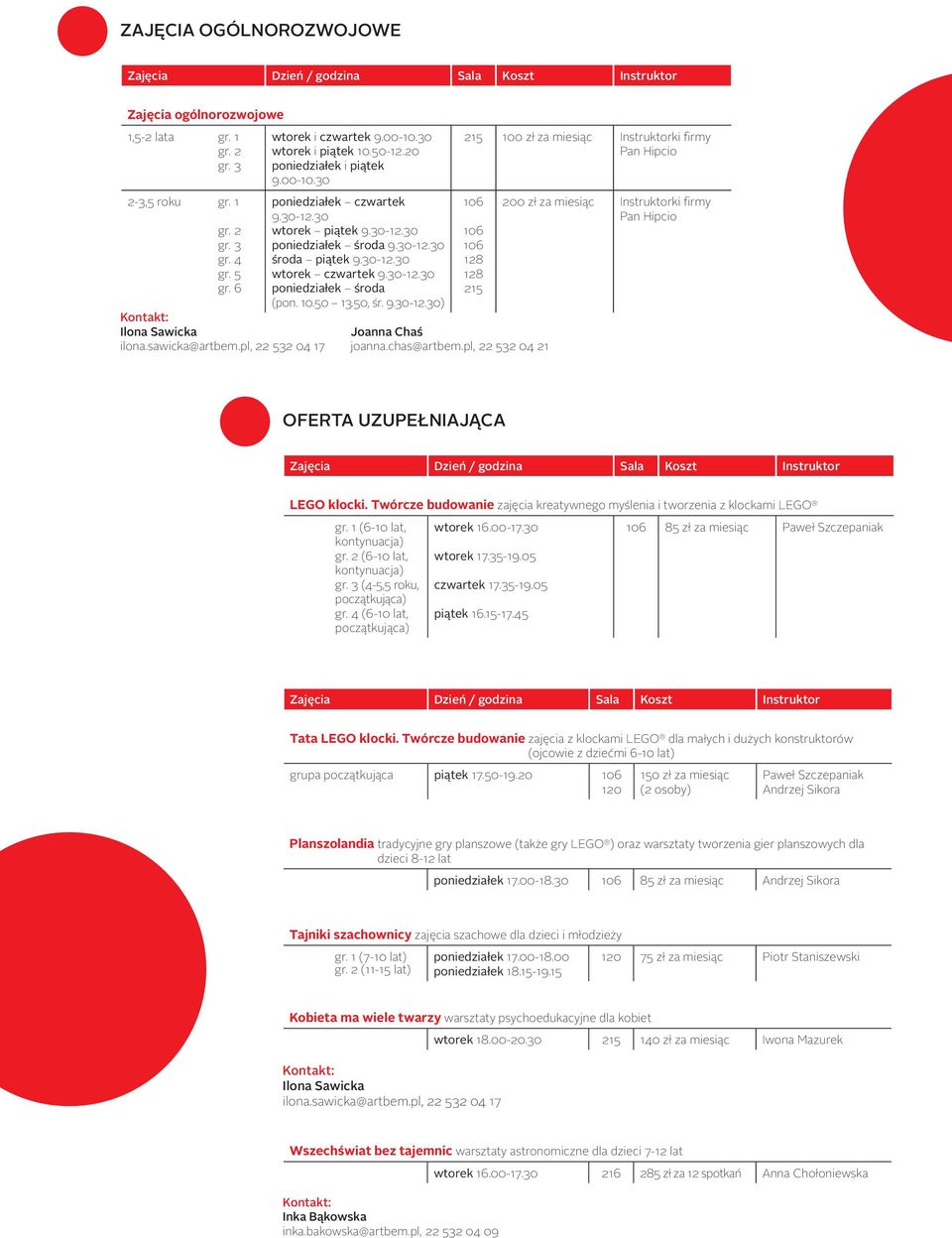 sawicka@artbem.pl, 22 532 04 17 joanna.chas@artbem.pl, 22 532 04 21 200 zł za miesiąc Instruktorki firmy Pan Hipcio OFERTA UZUPEŁNIAJĄCA LEGO klocki.