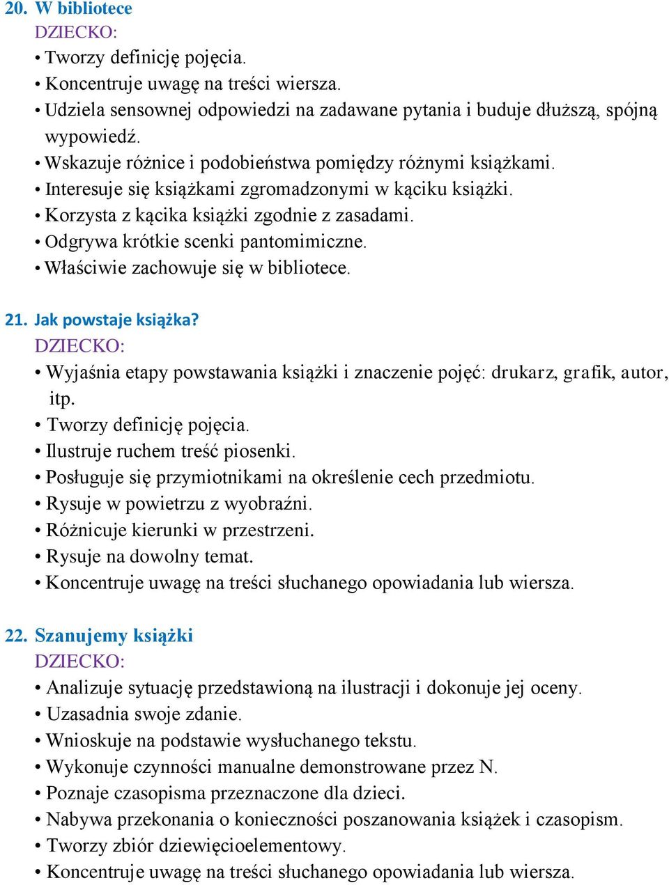 Właściwie zachowuje się w bibliotece. 21. Jak powstaje książka? Wyjaśnia etapy powstawania książki i znaczenie pojęć: drukarz, grafik, autor, itp. Tworzy definicję pojęcia.