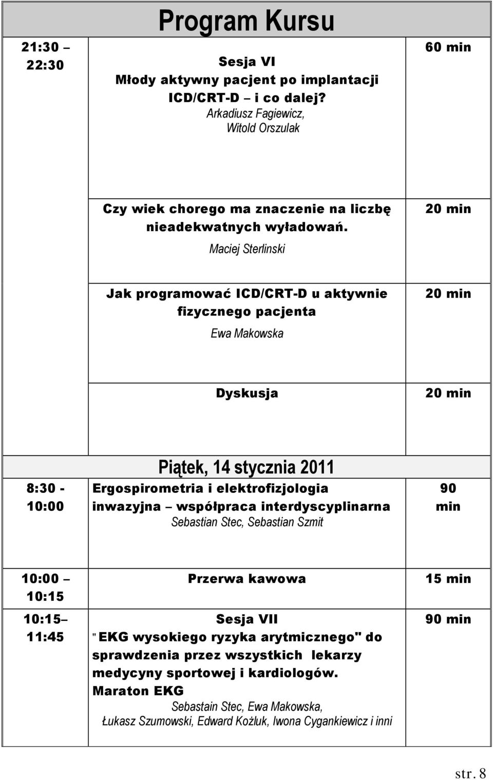 Maciej Sterlinski 20 Jak programować ICD/CRT-D u aktywnie fizycznego pacjenta Ewa Makowska 20 Dyskusja 20 8:30-10:00 Piątek, 14 stycznia 2011 Ergospirometria i