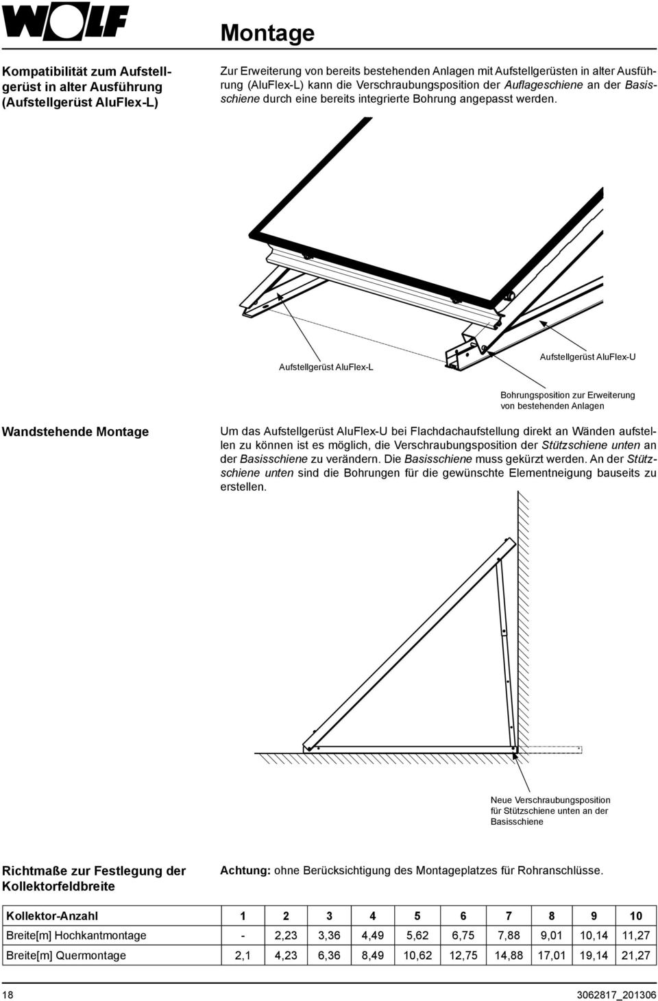 Aufstellgerüst AluFlex-L Aufstellgerüst AluFlex-U Bohrungsposition zur Erweiterung von bestehenden Anlagen Wandstehende Montage Um das Aufstellgerüst AluFlex-U bei Flachdachaufstellung direkt an