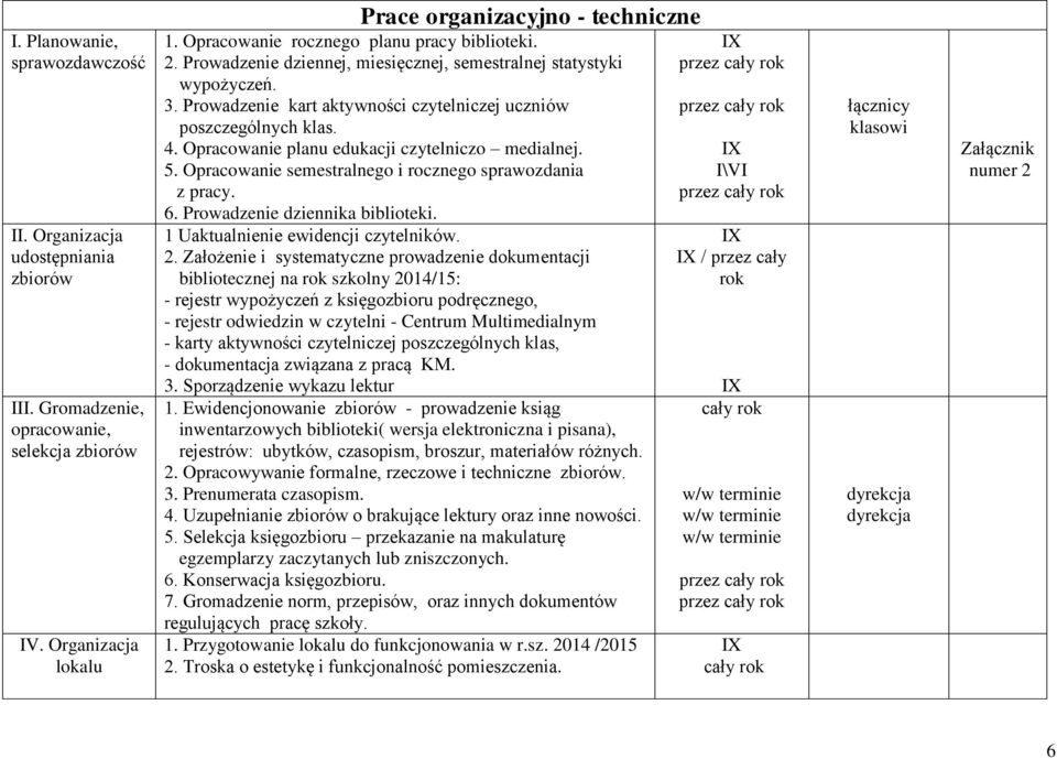 Opracowanie planu edukacji czytelniczo medialnej. 5. Opracowanie semestralnego i rocznego sprawozdania z pracy. 6. Prowadzenie dziennika biblioteki. 1 Uaktualnienie ewidencji czytelników. 2.