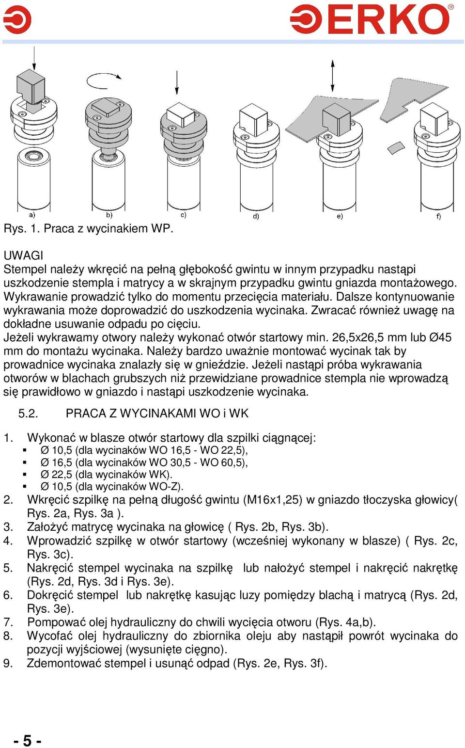 JeŜeli wykrawamy otwory naleŝy wykonać otwór startowy min. 26,5x26,5 mm lub Ø45 mm do montaŝu wycinaka. NaleŜy bardzo uwaŝnie montować wycinak tak by prowadnice wycinaka znalazły się w gnieździe.