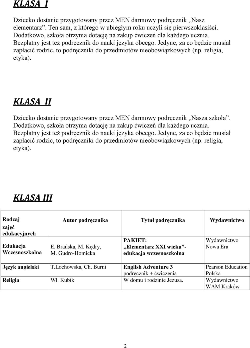 Jedyne, za co będzie musiał zapłacić rodzic, to podręczniki do przedmiotów nieobowiązkowych (np. religia, etyka). KLASA II Dziecko dostanie przygotowany przez MEN darmowy podręcznik Nasza szkoła.