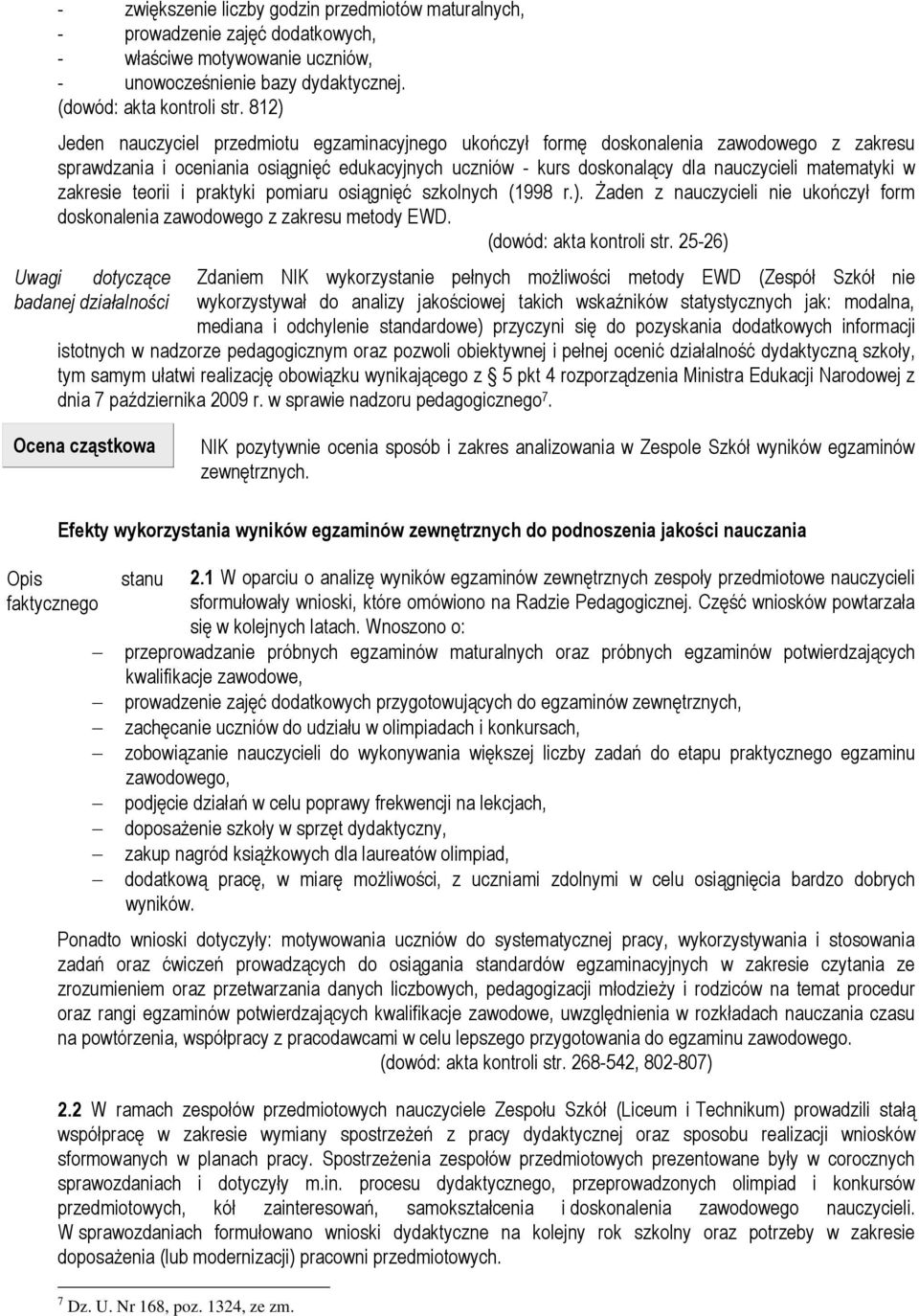 w zakresie teorii i praktyki pomiaru osiągnięć szkolnych (1998 r.). Żaden z nauczycieli nie ukończył form doskonalenia zawodowego z zakresu metody EWD. (dowód: akta kontroli str.