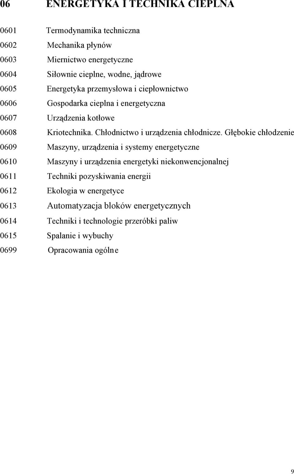 Głębokie chłodzenie 0609 Maszyny, urządzenia i systemy energetyczne 0610 Maszyny i urządzenia energetyki niekonwencjonalnej 0611 Techniki pozyskiwania energii