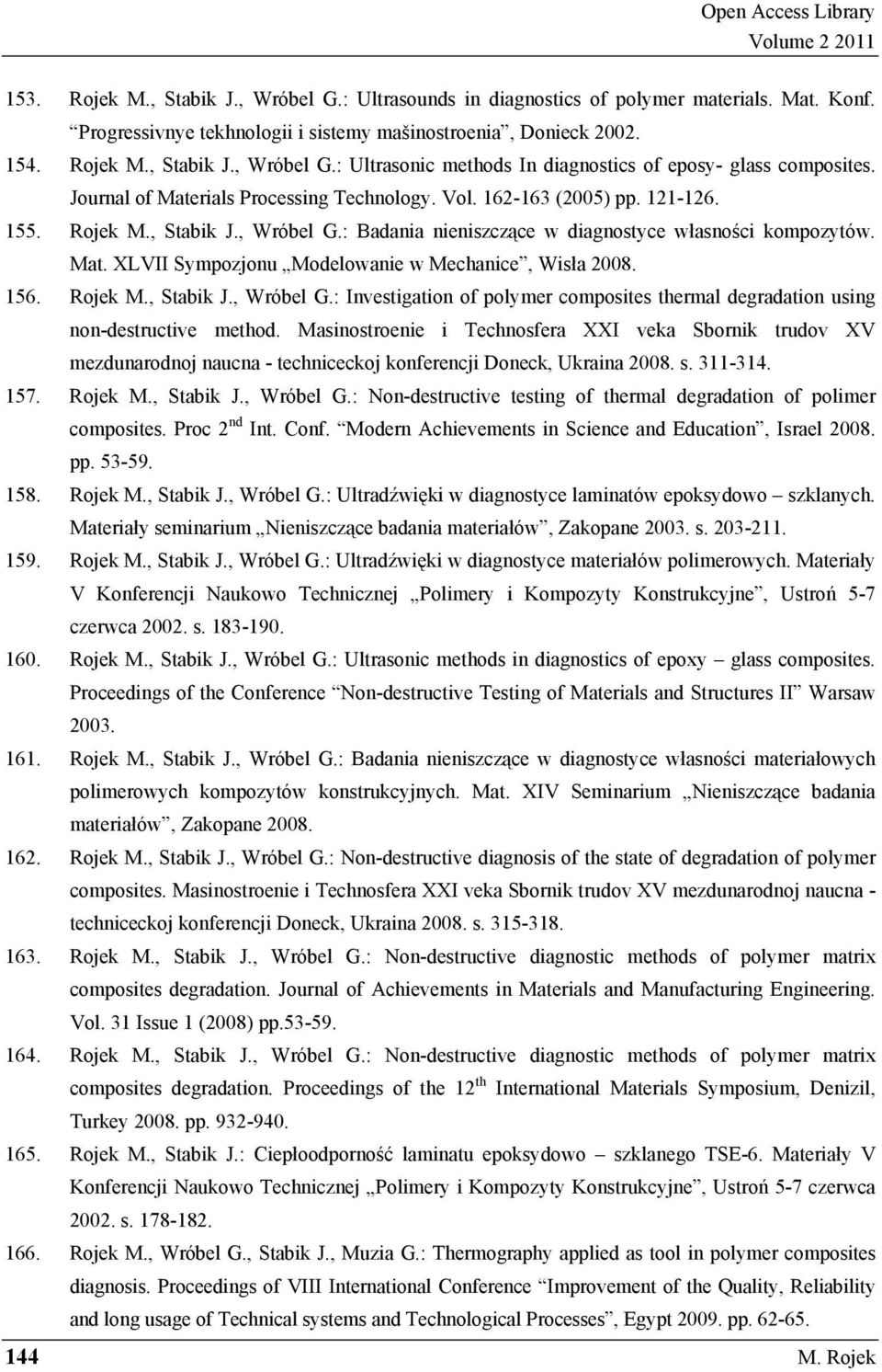 156. Rojek M., Stabik J., Wróbel G.: Investigation of polymer composites thermal degradation using non-destructive method.