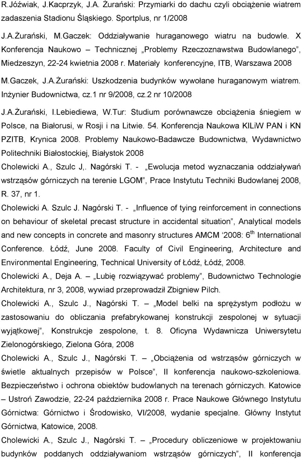 Materiały konferencyjne, ITB, Warszawa 2008 M.Gaczek, J.A.Żurański: Uszkodzenia budynków wywołane huraganowym wiatrem. Inżynier Budownictwa, cz.1 nr 9/2008, cz.2 nr 10/2008 J.A.Żurański, I.