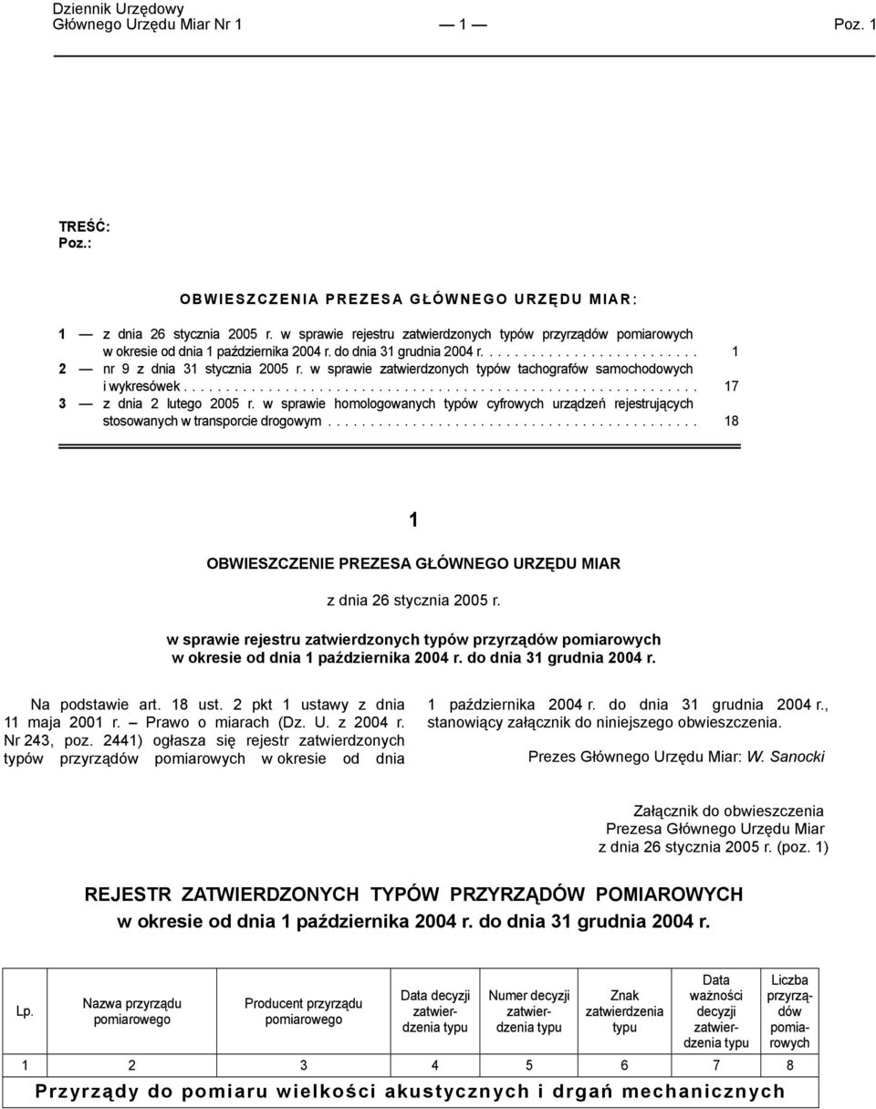 w sprawie homologowanych typów cyfrowych urz-dze: rejestruj-cych stosowanych w transporcie drogowym... 18 1 OBWIESZCZENIE PREZESA GÓWNEGO URZDU MIAR z dnia 26 stycznia 2005 r.