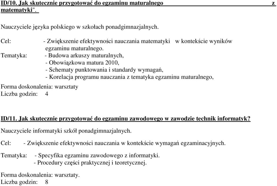 - Budowa arkuszy maturalnych, - Obowiązkowa matura 2010, - Schematy punktowania i standardy wymagań, - Korelacja programu nauczania z tematyka egzaminu maturalnego, ID/11.