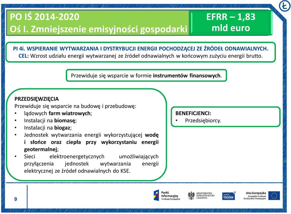 PRZEDSIĘWZIĘCIA Przewiduje się wsparcie na budowę i przebudowę: lądowych farm wiatrowych; Instalacji na biomasę; Instalacji na biogaz; Jednostek wytwarzania energii wykorzystującej