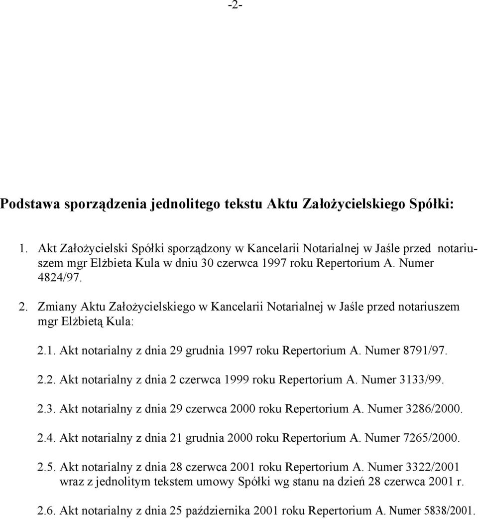 Zmiany Aktu Założycielskiego w Kancelarii Notarialnej w Jaśle przed notariuszem mgr Elżbietą Kula: 2.1. Akt notarialny z dnia 29 grudnia 1997 roku Repertorium A. Numer 8791/97. 2.2. Akt notarialny z dnia 2 czerwca 1999 roku Repertorium A.