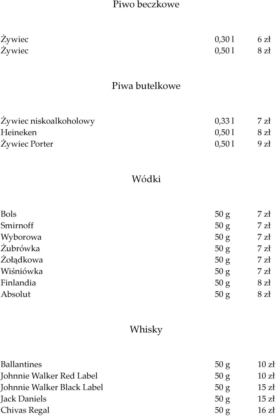 zł Żołądkowa 50 g 7 zł Wiśniówka 50 g 7 zł Finlandia 50 g 8 zł Absolut 50 g 8 zł Whisky Ballantines 50 g 10 zł