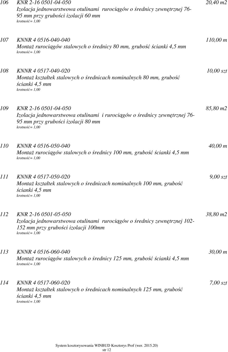 jednowarstwowa otulinami i rurociągów o średnicy zewnętrznej 76-95 mm przy grubości izolacji 80 mm 85,80 m2 110 KNNR 4 0516-050-040 Montaż rurociągów stalowych o średnicy 100 mm, grubość ścianki 4,5