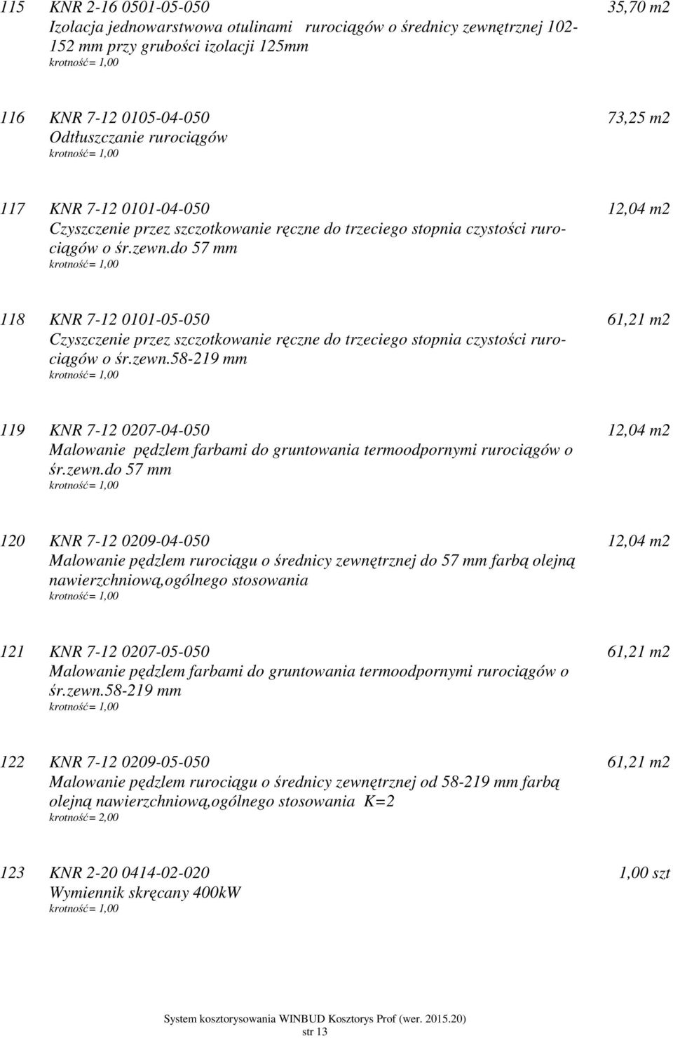 do 57 mm 12,04 m2 118 KNR 7-12 0101-05-050 Czyszczenie przez szczotkowanie ręczne do trzeciego stopnia czystości rurociągów o śr.zewn.