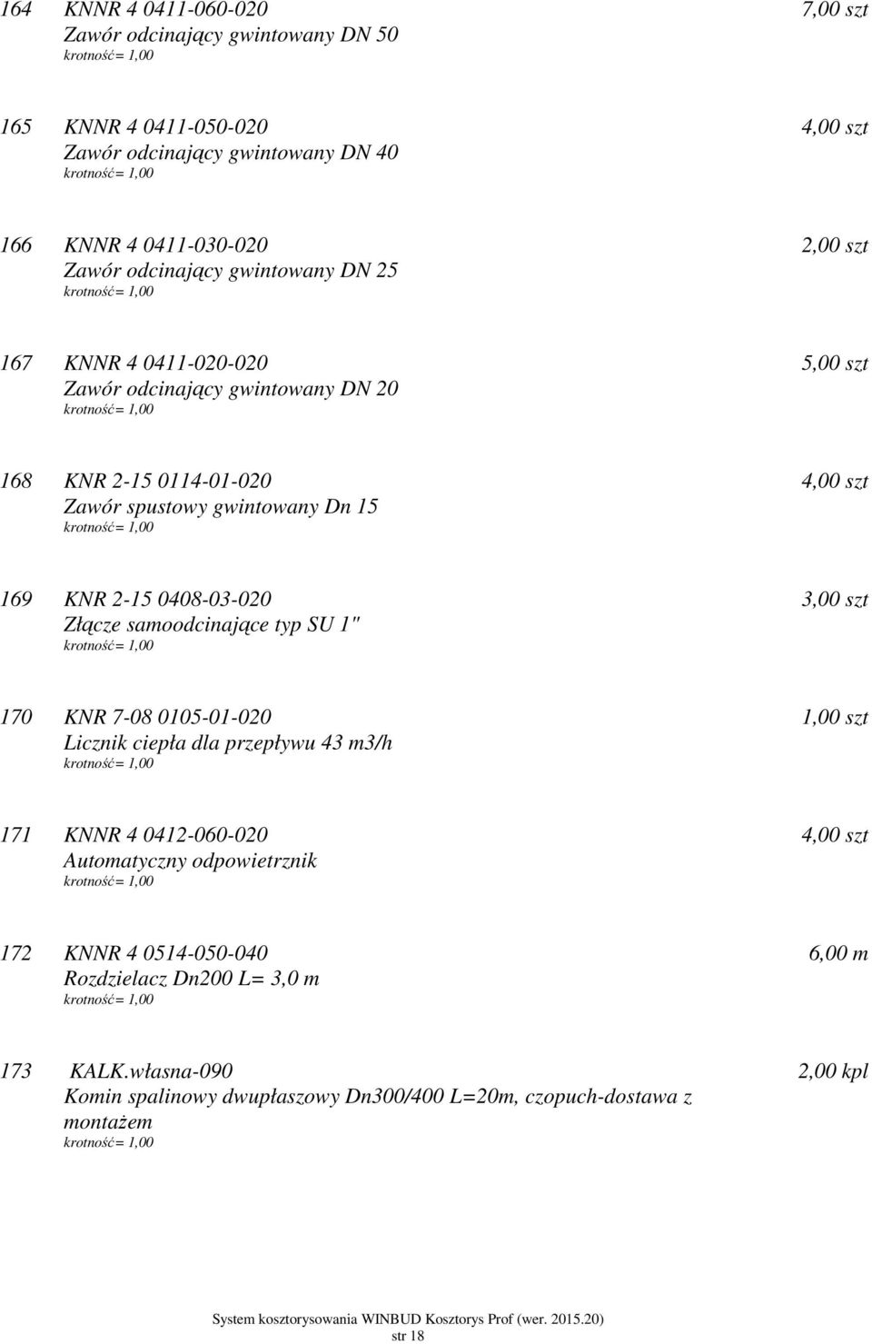 2-15 0408-03-020 Złącze samoodcinające typ SU 1" 3,00 szt 170 KNR 7-08 0105-01-020 Licznik ciepła dla przepływu 43 m3/h 171 KNNR 4 0412-060-020 Automatyczny