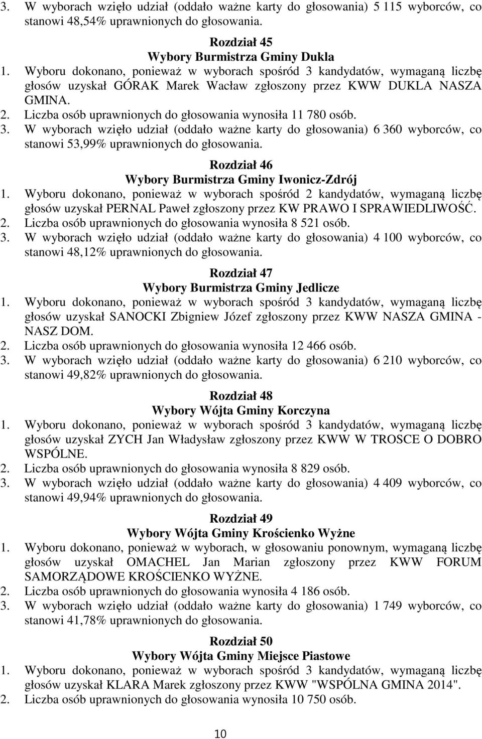 W wyborach wzięło udział (oddało ważne karty do głosowania) 6 360 wyborców, co stanowi 53,99% uprawnionych do głosowania.