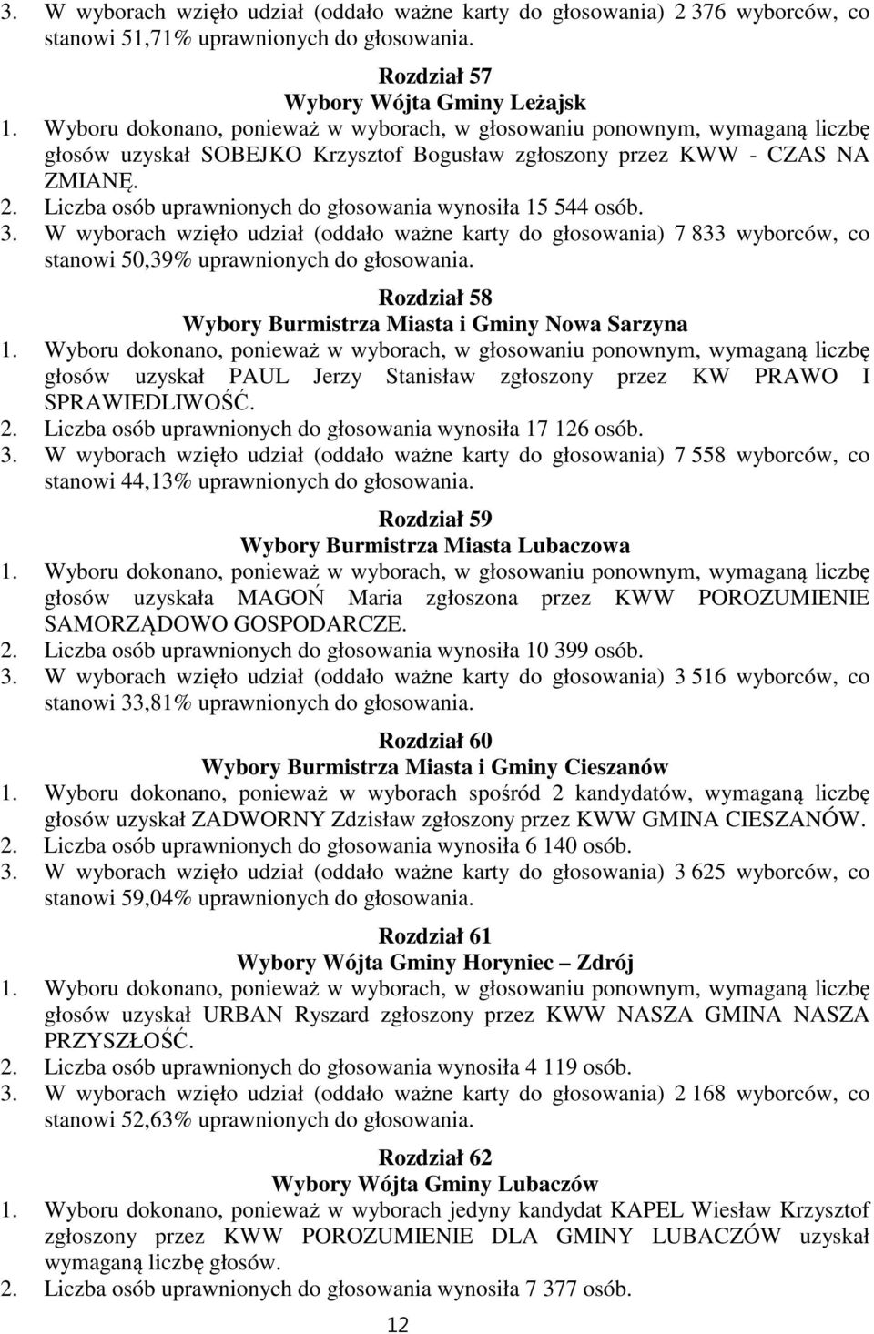 W wyborach wzięło udział (oddało ważne karty do głosowania) 7 833 wyborców, co stanowi 50,39% uprawnionych do głosowania.