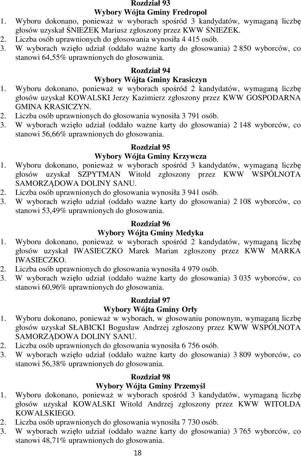 Rozdział 94 Wybory Wójta Gminy Krasiczyn głosów uzyskał KOWALSKI Jerzy Kazimierz zgłoszony przez KWW GOSPODARNA GMINA KRASICZYN. 2. Liczba osób uprawnionych do głosowania wynosiła 3 