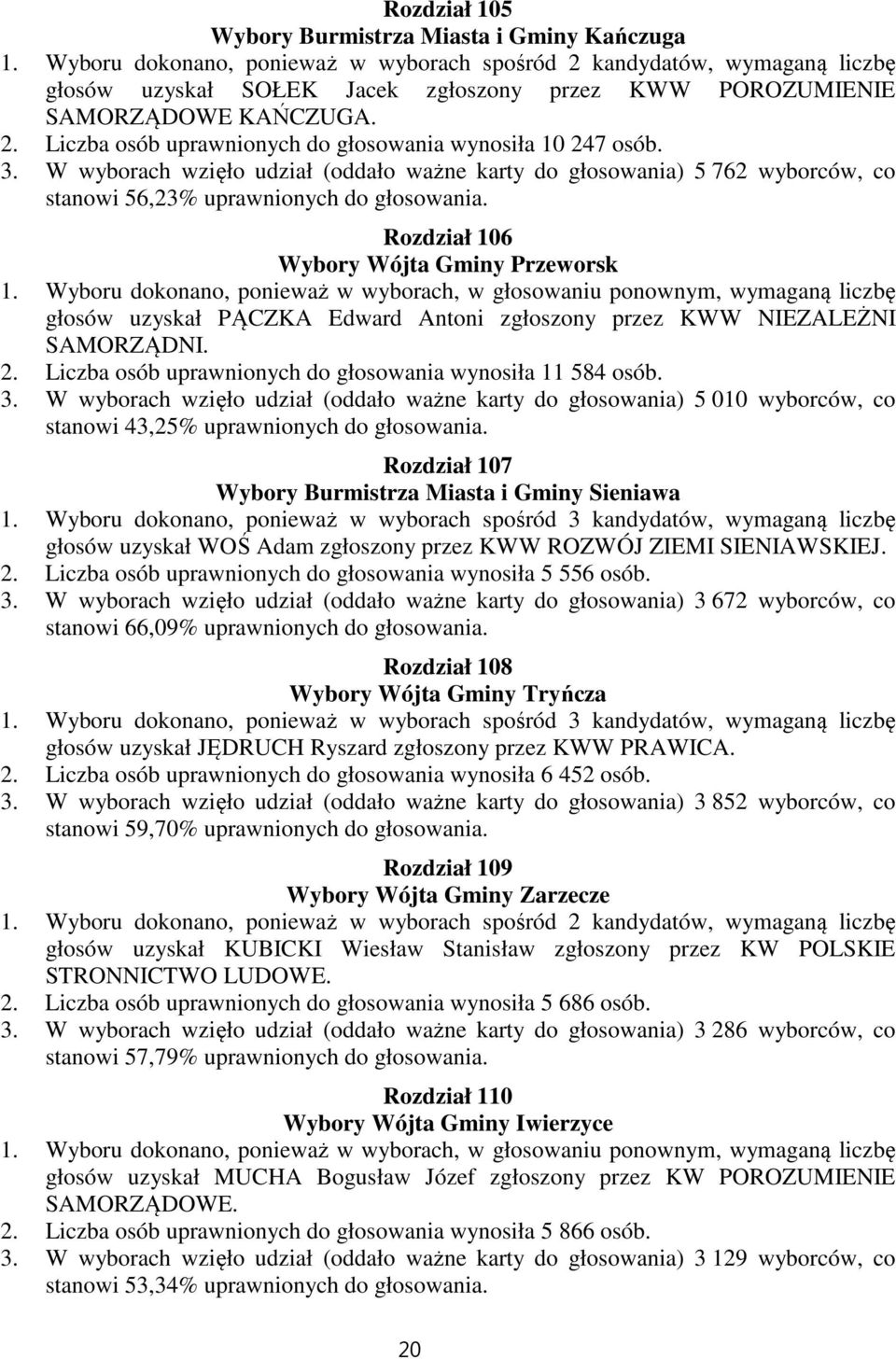 Rozdział 106 Wybory Wójta Gminy Przeworsk głosów uzyskał PĄCZKA Edward Antoni zgłoszony przez KWW NIEZALEŻNI SAMORZĄDNI. 2. Liczba osób uprawnionych do głosowania wynosiła 11 584 osób. 3.