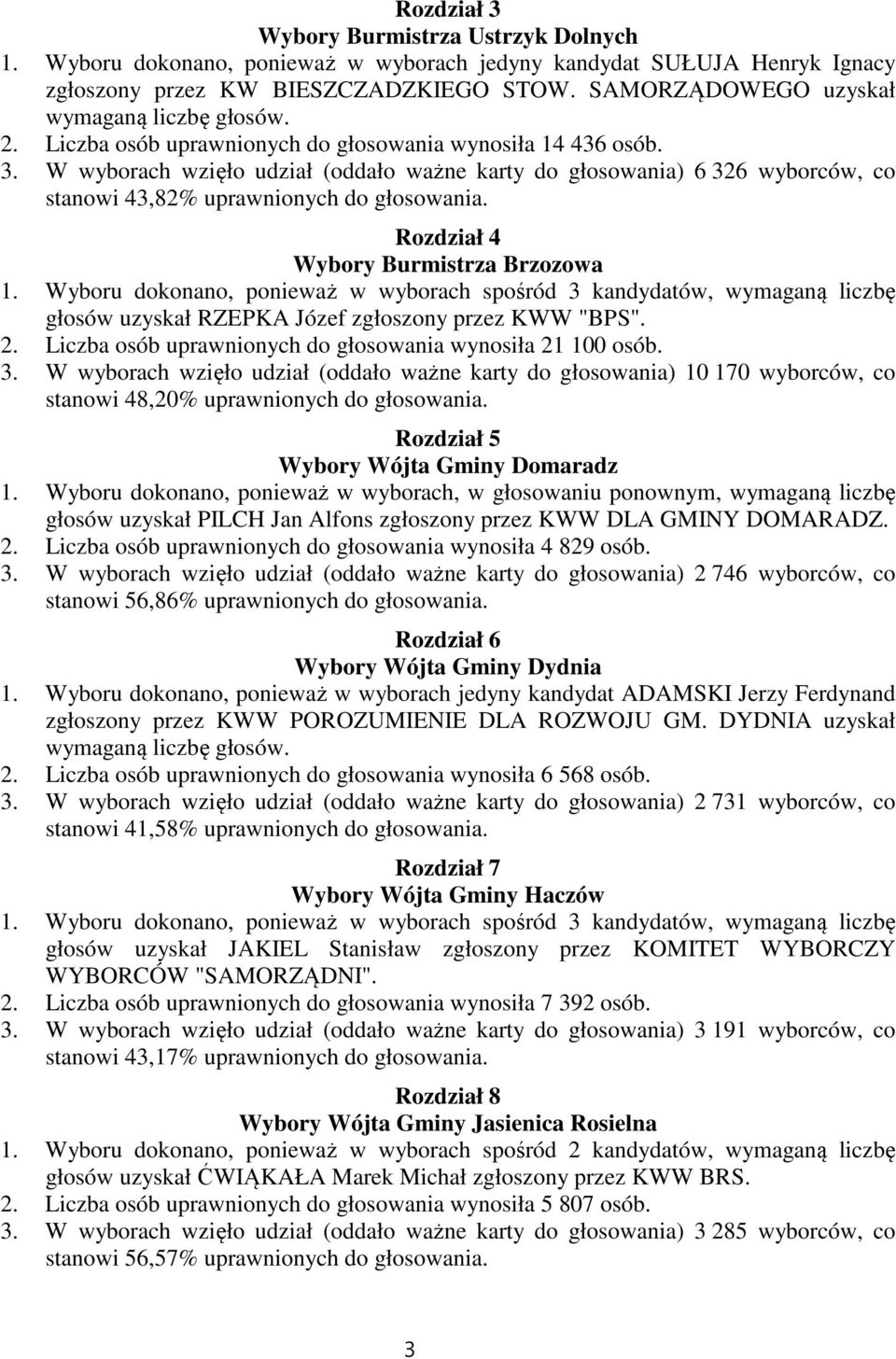 W wyborach wzięło udział (oddało ważne karty do głosowania) 6 326 wyborców, co stanowi 43,82% uprawnionych do głosowania.