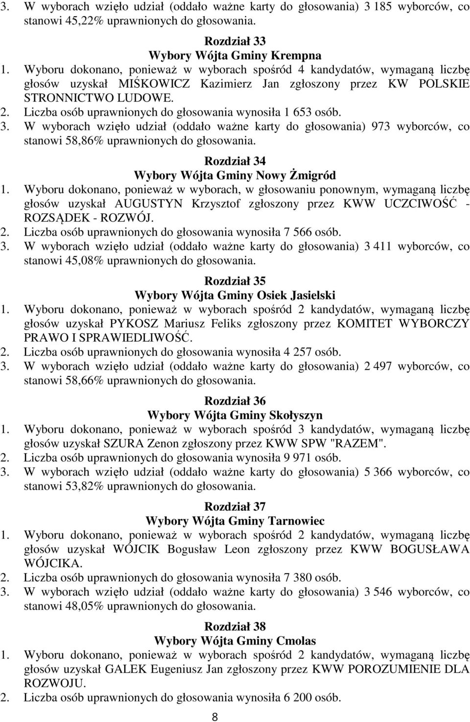 Liczba osób uprawnionych do głosowania wynosiła 1 653 osób. 3. W wyborach wzięło udział (oddało ważne karty do głosowania) 973 wyborców, co stanowi 58,86% uprawnionych do głosowania.