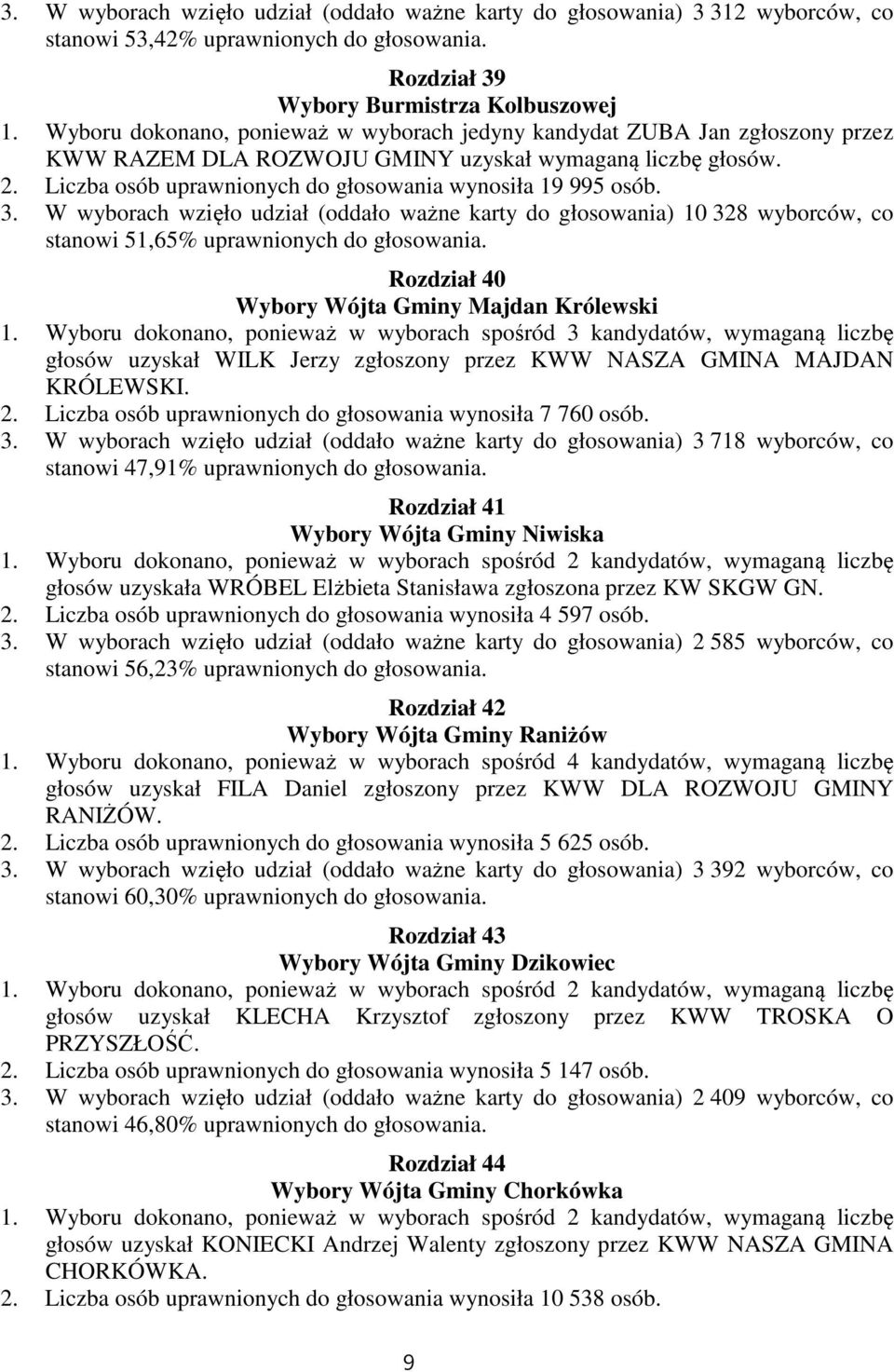 Liczba osób uprawnionych do głosowania wynosiła 19 995 osób. 3. W wyborach wzięło udział (oddało ważne karty do głosowania) 10 328 wyborców, co stanowi 51,65% uprawnionych do głosowania.