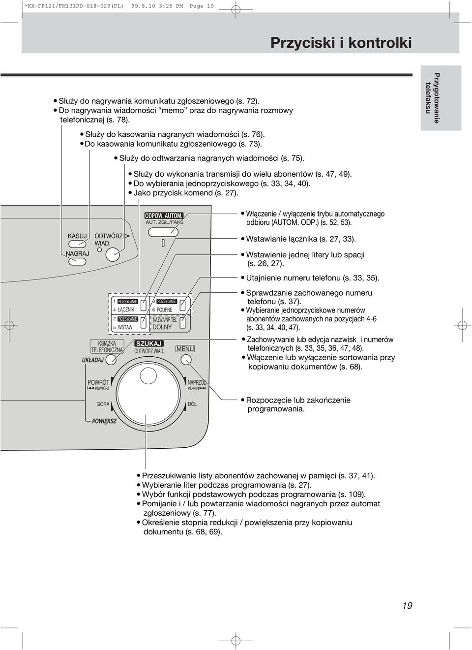 7, 9). Do wybierania jednoprzyciskowego (s.,, 0). Jako przycisk komend (s. 7). ODPOW. AUTOM. AUT. ZGŁ./FAKS Włączenie / wyłączenie trybu automatycznego odbioru (AUTOM. ODP.) (s., ).