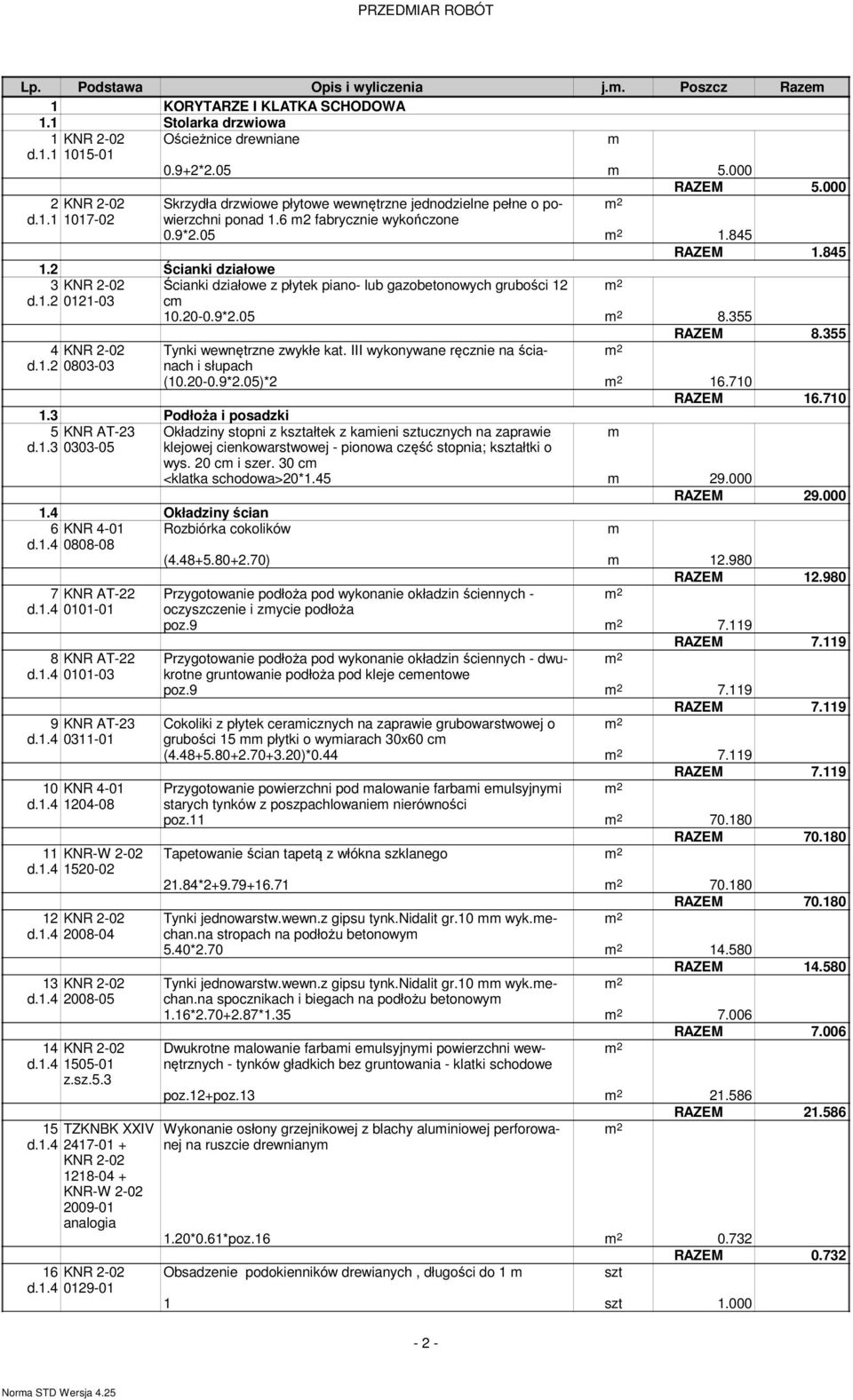 2 Ścianki działowe 3 KNR 2-02 Ścianki działowe z płytek piano- lub gazobetonowych grubości 12 d.1.2 0121-03 cm 10.20-0.9*2.05 8.355 RAZEM 8.355 4 KNR 2-02 Tynki wewnętrzne zwykłe kat.