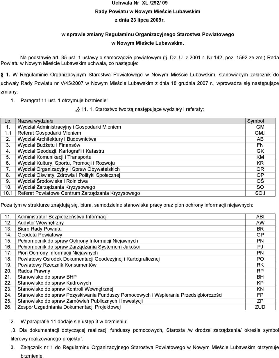 W Regulaminie Organizacyjnym Starostwa Powiatowego w Nowym Mieście Lubawskim, stanowiącym załącznik do uchwały Rady Powiatu nr V/45/2007 w Nowym Mieście Lubawskim z dnia 18 grudnia 2007 r.