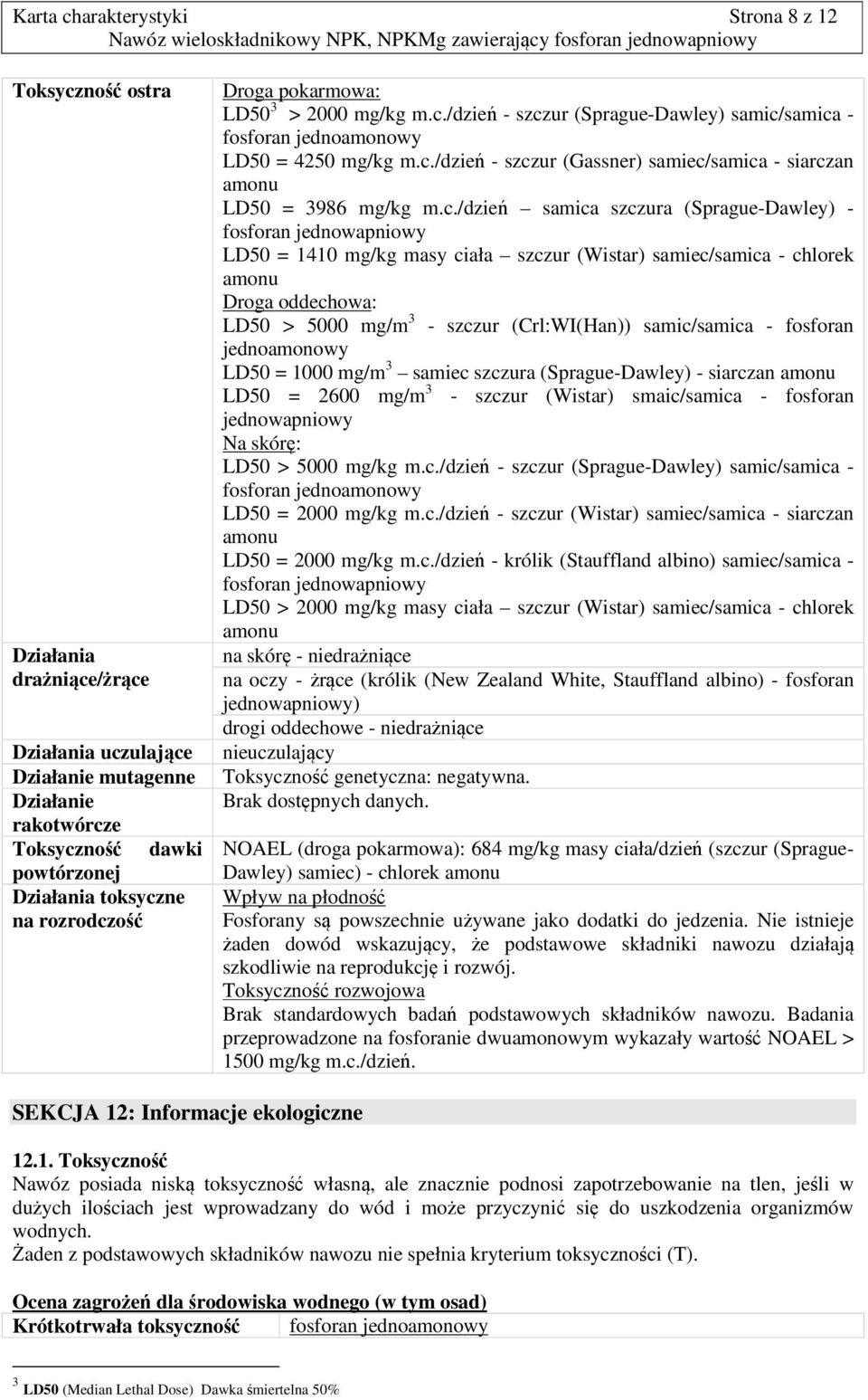 c./dzień samica szczura (Sprague-Dawley) - fosforan jednowapniowy LD50 = 1410 mg/kg masy ciała szczur (Wistar) samiec/samica - chlorek amonu Droga oddechowa: LD50 > 5000 mg/m 3 - szczur (Crl:WI(Han))