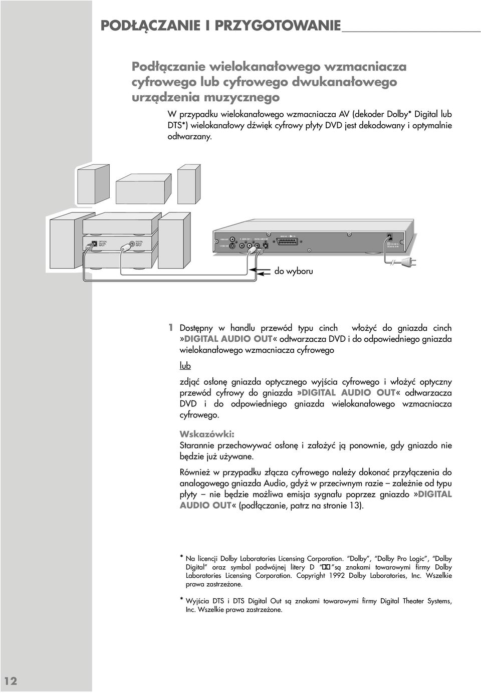 EURO AV TV OPTICAL DIGITAL INPUT DIGITAL AUDIO INPUT VIDEO OUT R AUDIO OUT L DIGITAL AUDIO OUT S VIDEO OUT 110-240 V~ 50/60 Hz 10 W do wyboru 1 Dostępny w handlu przewód typu cinch włożyć do gniazda