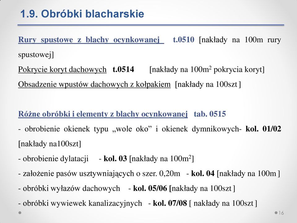 0515 - obrobienie okienek typu wole oko i okienek dymnikowych- kol. 01/02 [nakłady na100szt] - obrobienie dylatacji - kol.