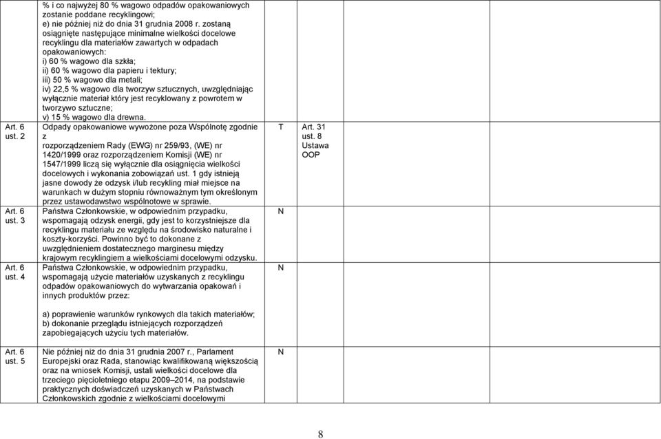 wagowo dla metali; iv) 22,5 % wagowo dla tworzyw sztucznych, uwzględniając wyłącznie materiał który jest recyklowany z powrotem w tworzywo sztuczne; v) 15 % wagowo dla drewna.