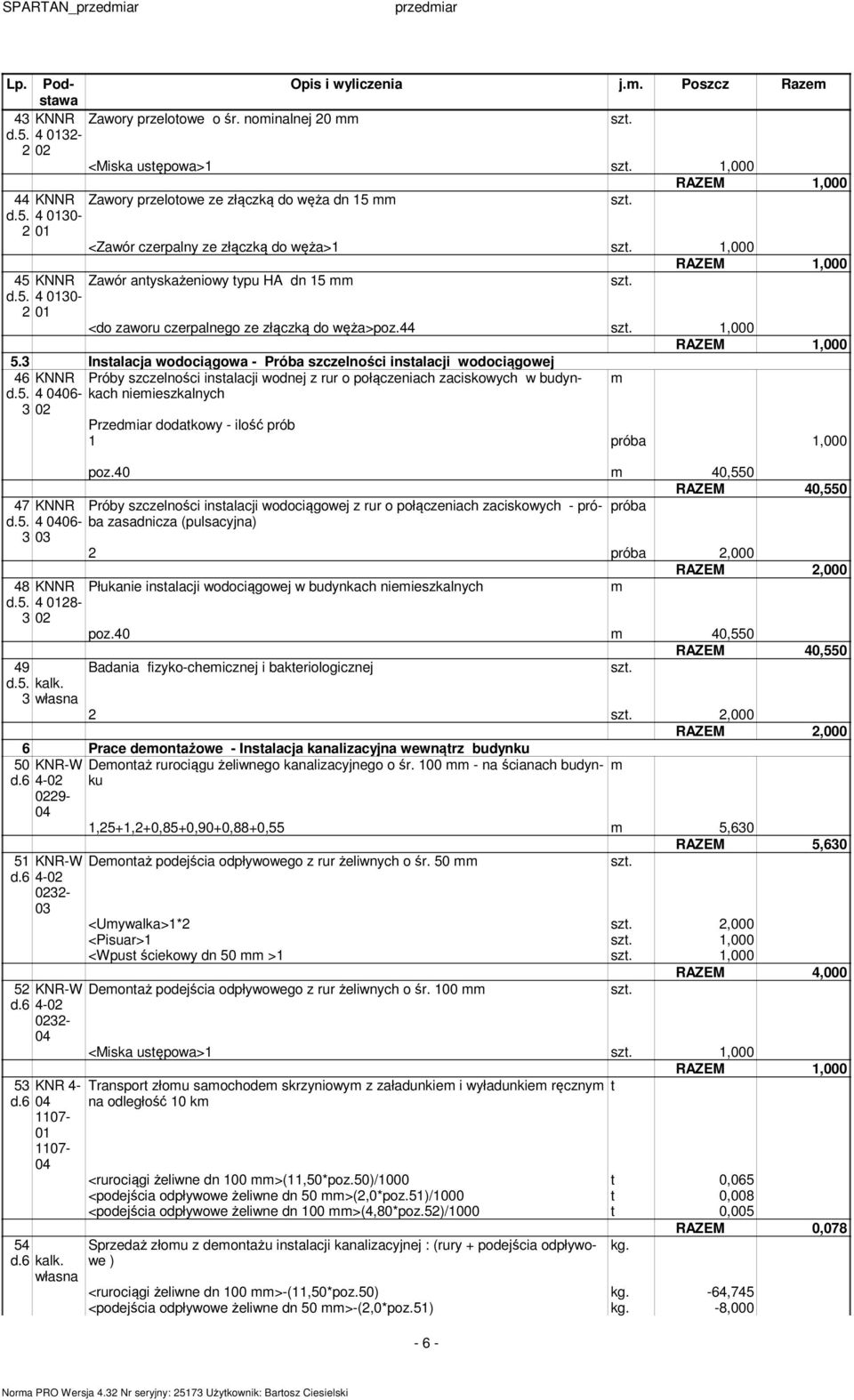 40 40,550 RAZEM 40,550 47 Próby szczelności instalacji wodociągowej z rur o połączeniach zaciskowych - próba próba zasadnicza (pulsacyjna) d.5. 4 06-2 próba 2,000 48 Płukanie instalacji wodociągowej w budynkach nieieszkalnych d.