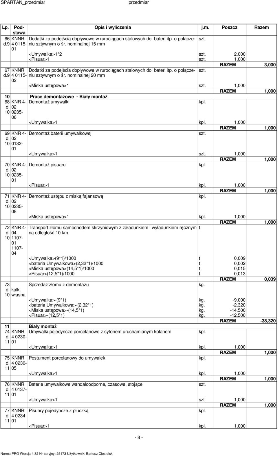 9 4 5- <Miska ustępowa>,000 0 Prace deontażowe - Biały ontaż 68 Deontaż uywalki d. 0 5-06 <Uywalka>,000 69 d. 0 2-70 d. 0 7 d. 0 72 d. 0 5-5- 08 7 d. kalk.