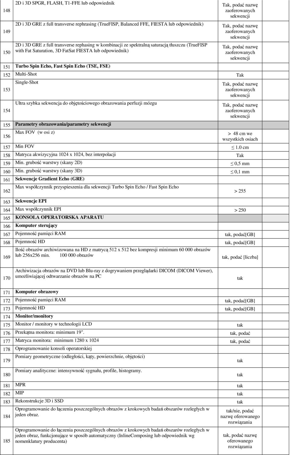 zaoferowanych sekwencji, podać nazwę zaoferowanych sekwencji 152 Multi-Shot Single-Shot, podać nazwę 153 zaoferowanych sekwencji 154 Ultra szybka sekwencja do objętościowego obrazowania perfuzji