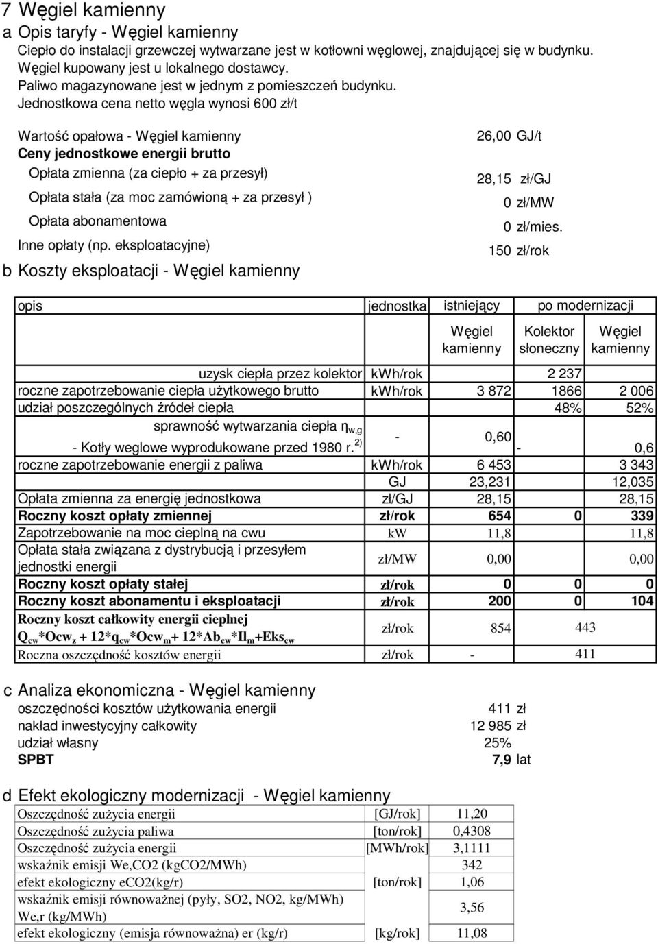 Jednostkowa cena netto węgla wynosi 600 zł/t Wartość opałowa - Węgiel kamienny Ceny jednostkowe energii brutto Opłata zmienna (za ciepło + za przesył) Opłata stała (za moc zamówioną + za przesył )