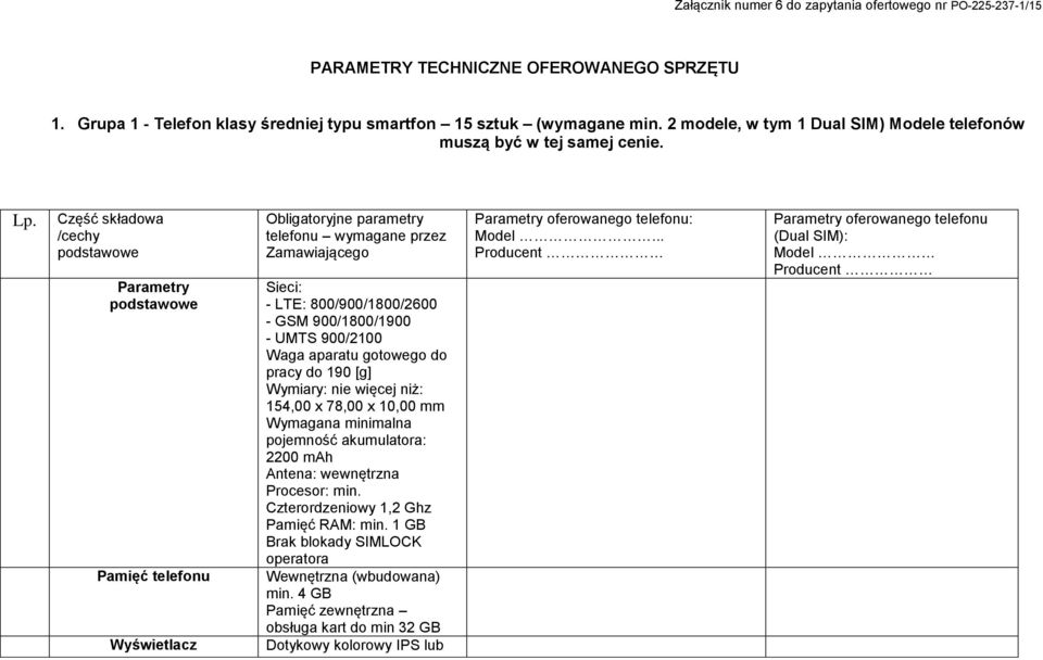 Część składowa /cechy Parametry Pamięć telefonu Wyświetlacz Obligatoryjne parametry telefonu wymagane przez Zamawiającego Sieci: - LTE: 800/900/1800/2600 - GSM 900/1800/1900 - UMTS 900/2100 Waga