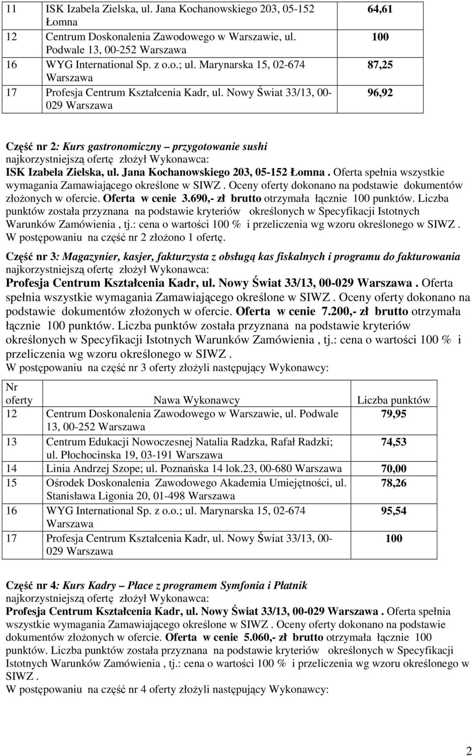 Jana Kochanowskiego 203, 05-152 Łomna. Oferta spełnia wszystkie wymagania Zamawiającego określone w SIWZ. Oceny dokonano na podstawie dokumentów złoŝonych w ofercie. Oferta w cenie 3.