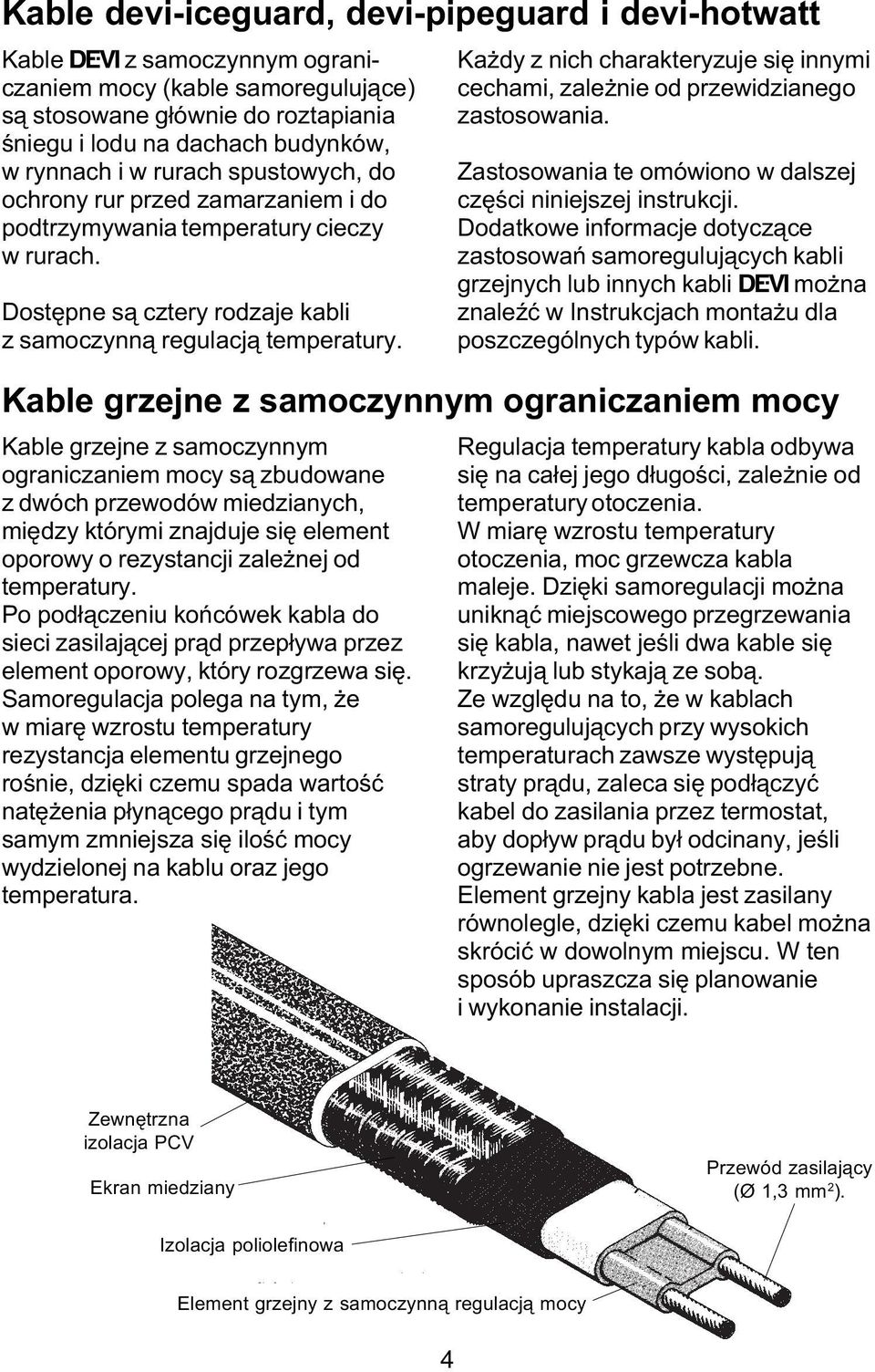 Kable grzejne z samoczynnym ograniczaniem mocy Kable grzejne z samoczynnym ograniczaniem mocy s¹ zbudowane z dwóch przewodów miedzianych, miêdzy którymi znajduje siê element oporowy o rezystancji