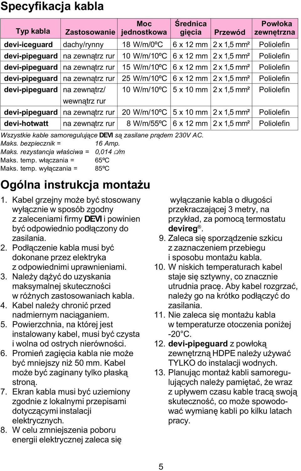 Pod³¹czenie kabla musi byæ dokonane przez elektryka z odpowiednimi uprawnieniami. Nale y d¹ yæ do uzyskania maksymalnej skutecznoœci w ró nych zastosowaniach kabla.