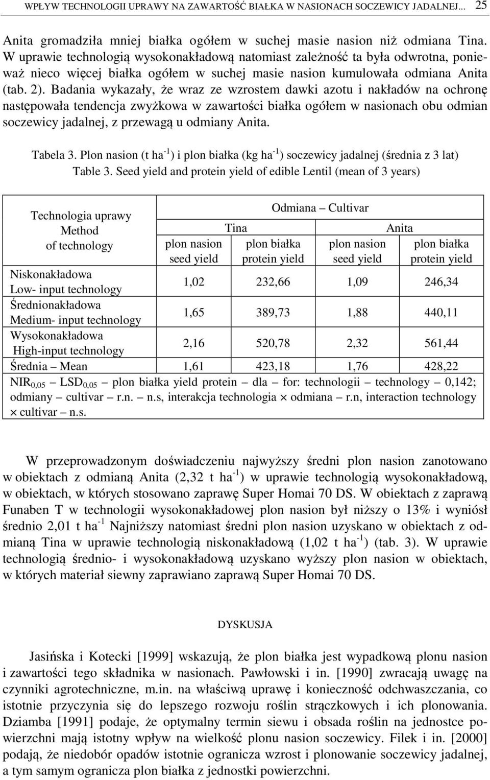 Badania wykazały, że wraz ze wzrostem dawki azotu i nakładów na ochronę następowała tendencja zwyżkowa w zawartości białka ogółem w nasionach obu odmian soczewicy jadalnej, z przewagą u odmiany Anita.