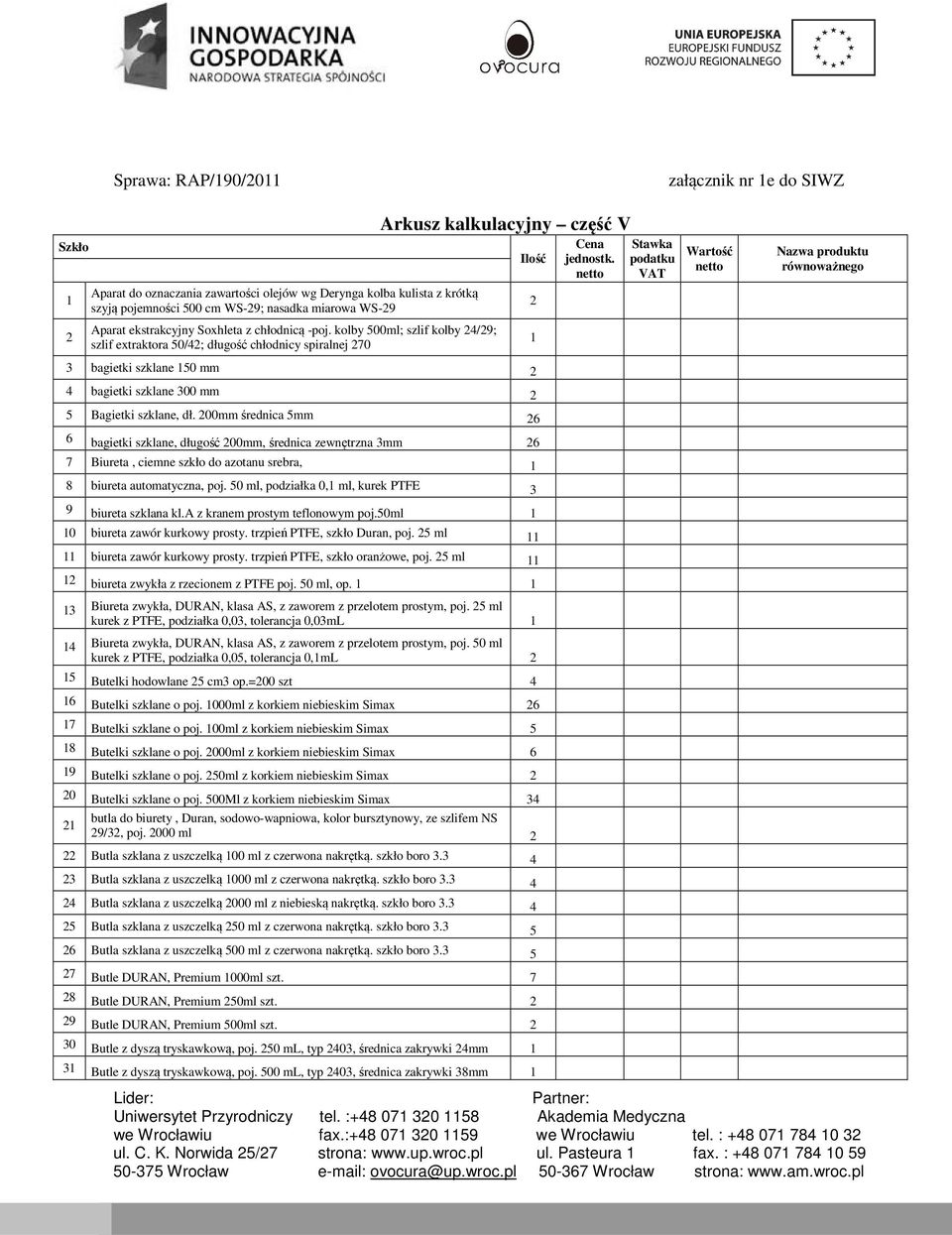 kolby 500ml; szlif kolby 24/29; szlif extraktora 50/42; długość chłodnicy spiralnej 270 Arkusz kalkulacyjny część V 3 bagietki szklane 150 mm 2 4 bagietki szklane 300 mm 2 5 Bagietki szklane, dł.